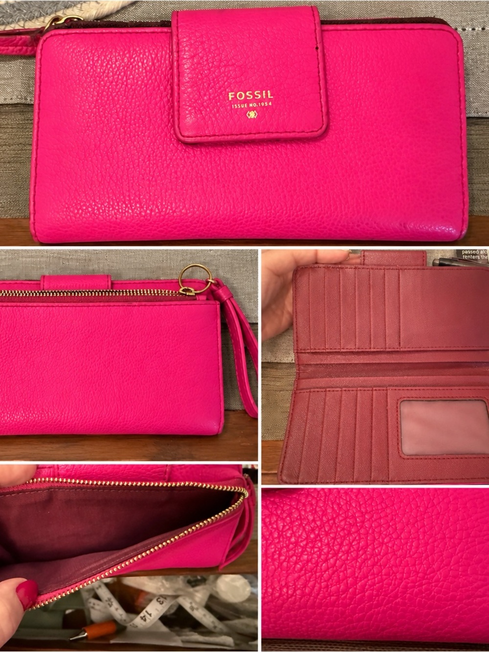 Fossil Hot Pink Leather Zip & Snap Wristlet Wallet